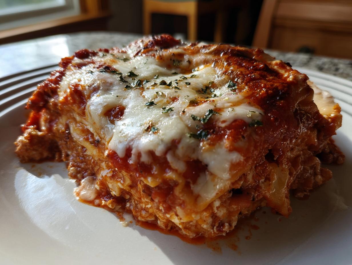A hearty slice of Crockpot ravioli lasagna with melted cheese and marinara sauce, garnished with herbs.