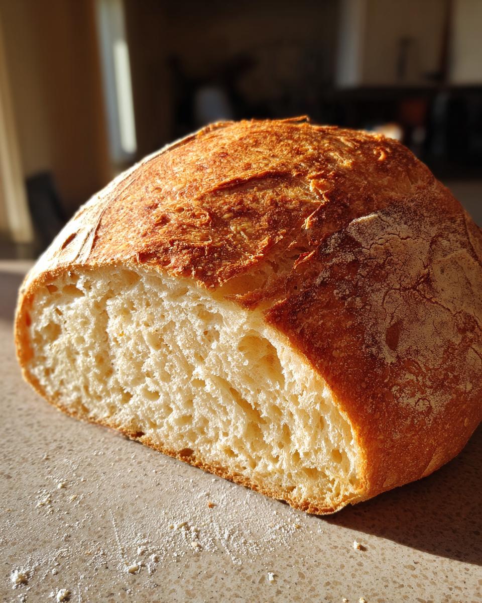 A close-up of a freshly baked crusty Italian bread, sliced to reveal its airy interior.