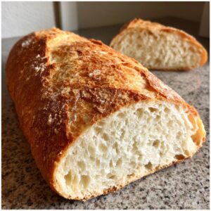 Close-up of a freshly baked crusty Italian bread loaf, showing its golden-brown exterior and airy crumb.
