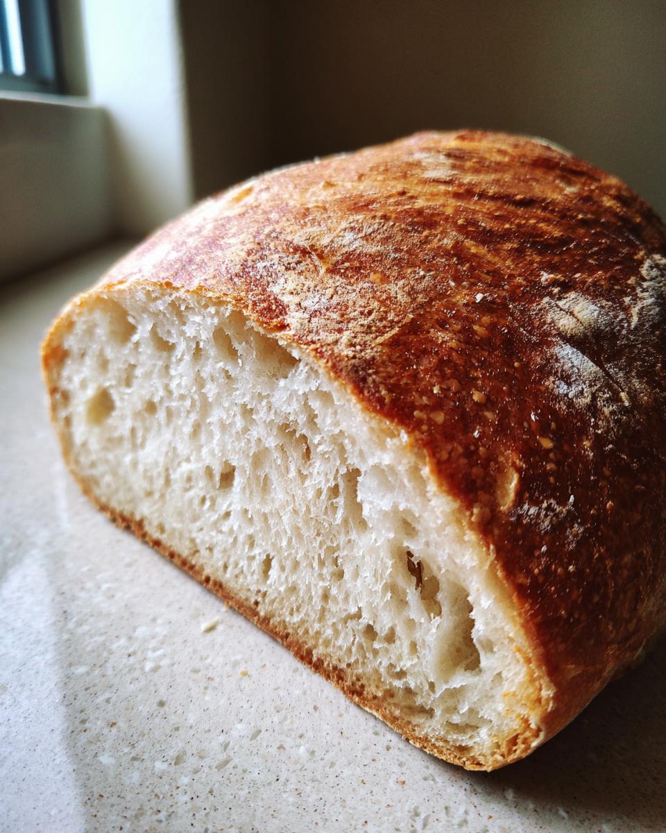 A close-up view of a freshly baked crusty Italian bread loaf, showing its golden-brown exterior and airy interior crumb.