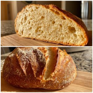 A split image showing a crusty loaf of italian bread and a close-up of its soft, airy interior crumb.