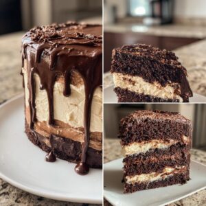 A rich and decadent Death by Chocolate Cake with three layers of chocolate cake and creamy filling, topped with chocolate ganache.