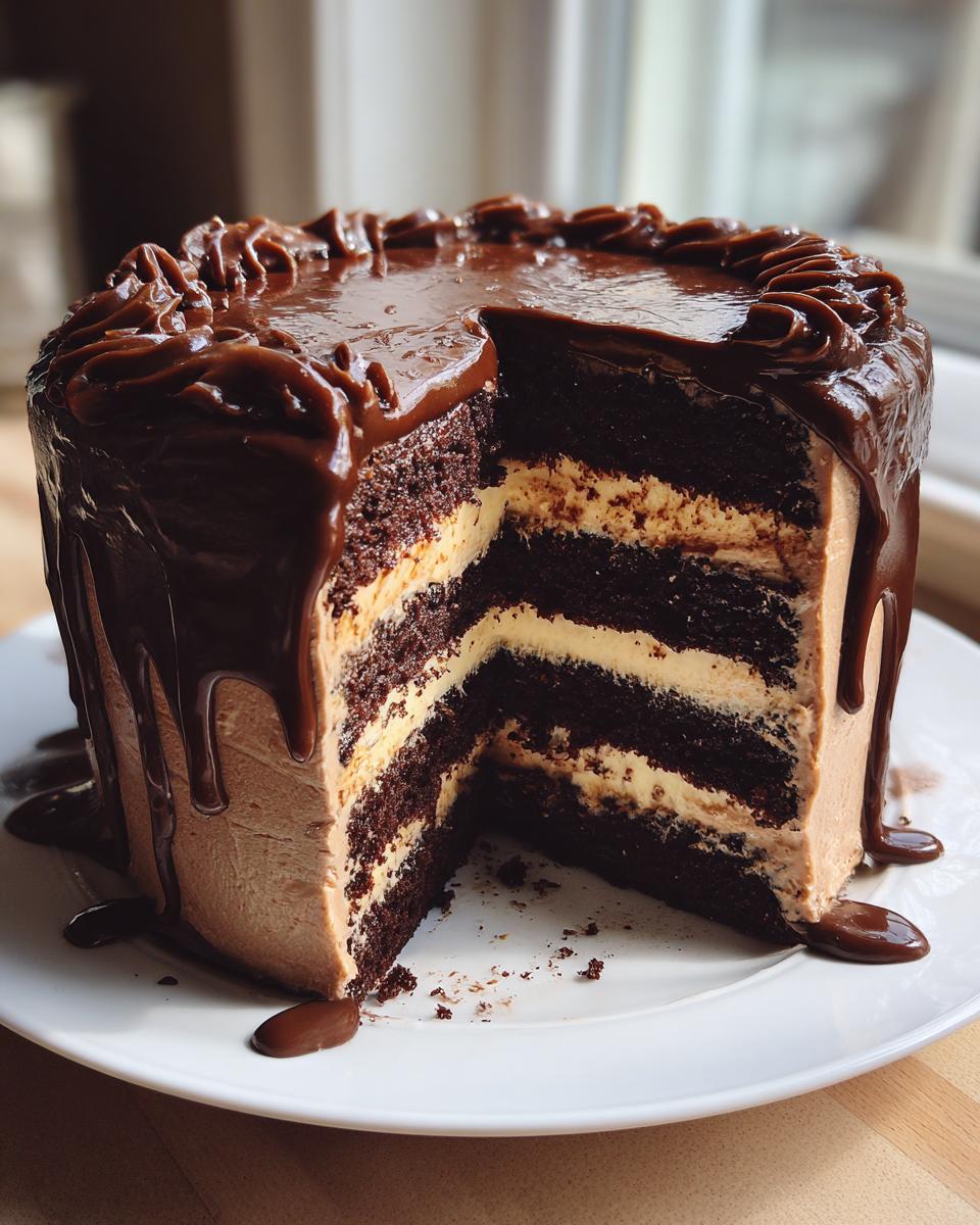 A slice cut out of a rich Death by Chocolate Cake, revealing multiple layers of dark chocolate cake and creamy filling.