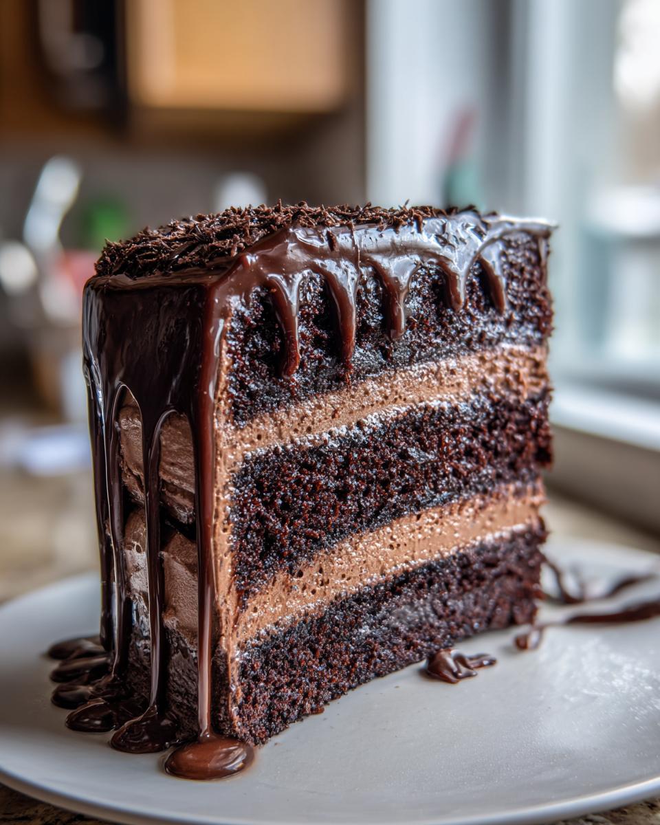 A rich slice of Death by Chocolate Cake with four layers of dark chocolate cake and chocolate frosting, topped with chocolate ganache.