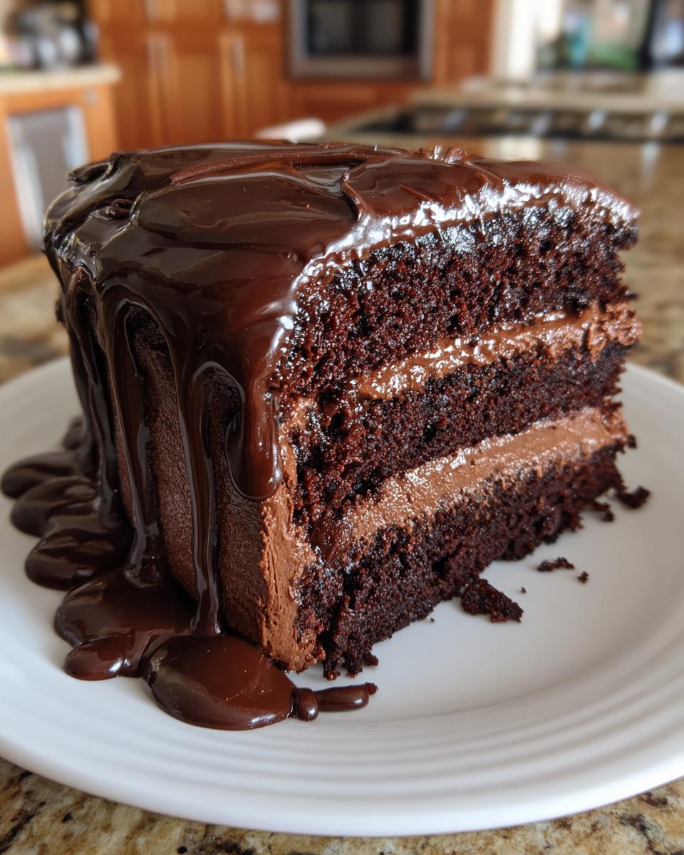 A rich slice of Death by Chocolate Cake with three layers and dripping chocolate ganache.
