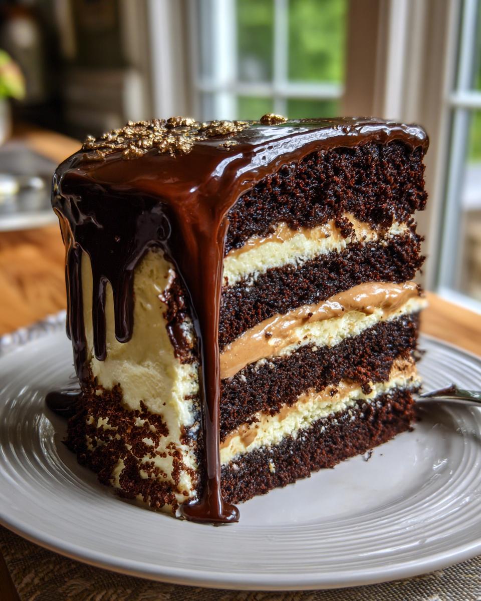 A decadent slice of Death By Chocolate Cake, featuring three layers of rich chocolate cake, creamy filling, and glossy chocolate ganache.