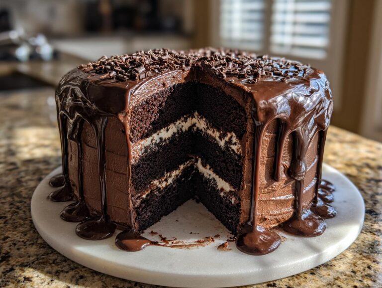 A slice of decadent Death By Chocolate Cake featuring three layers of dark chocolate cake and cream frosting, topped with chocolate ganache.
