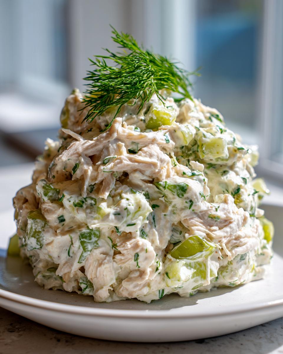 A close-up of a generous serving of creamy dill pickle chicken salad topped with fresh dill.