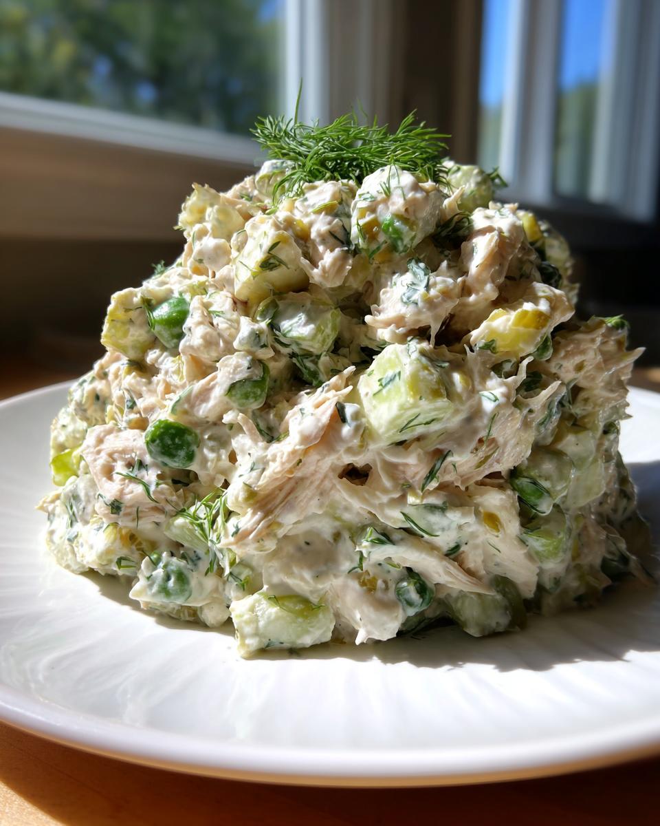 A generous mound of creamy dill pickle chicken salad, featuring chunks of chicken, pickles, and peas, topped with fresh dill.