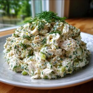 A generous mound of creamy dill pickle chicken salad, garnished with fresh dill sprigs, served on a white plate.