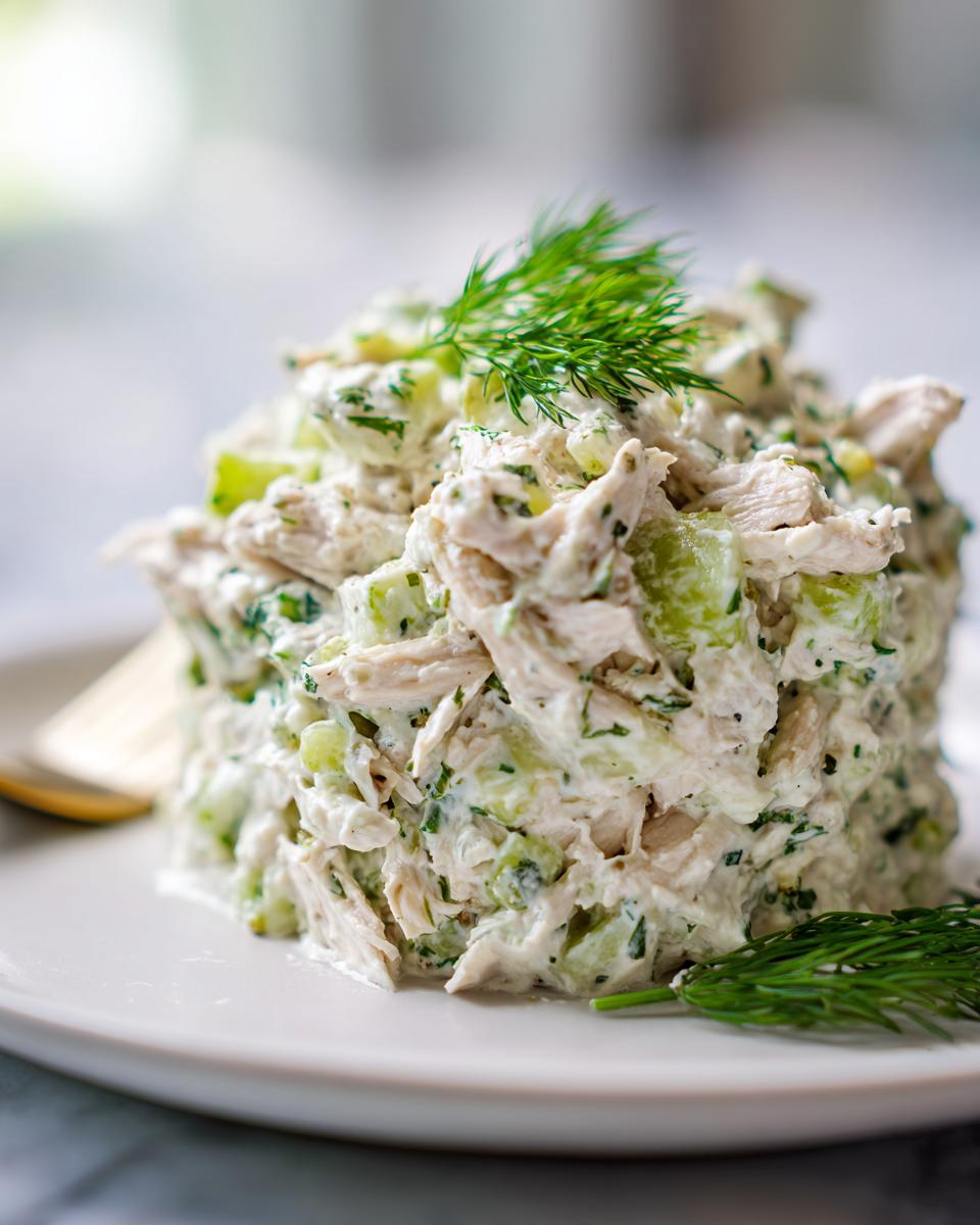 A close-up, beautifully plated mound of dill pickle chicken salad garnished with fresh dill sprigs.