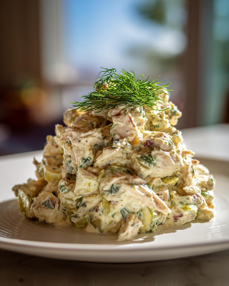 A mound of creamy dill pickle chicken salad served on a white plate, topped with fresh dill.