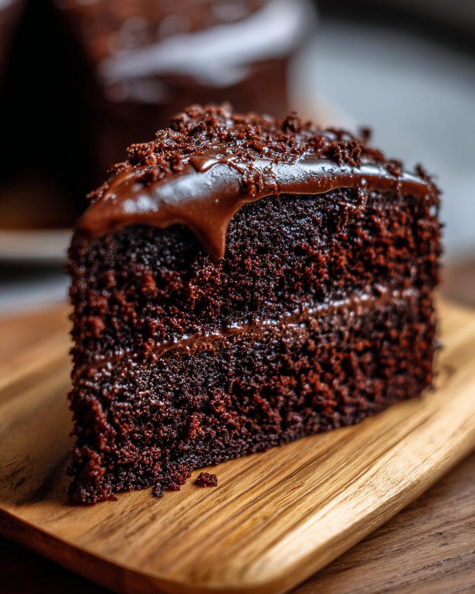 A moist slice of easy chocolate cake with rich chocolate frosting and crumbs on a wooden board.