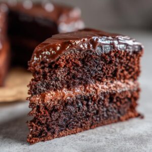 A moist slice of easy chocolate cake with rich chocolate frosting and filling.