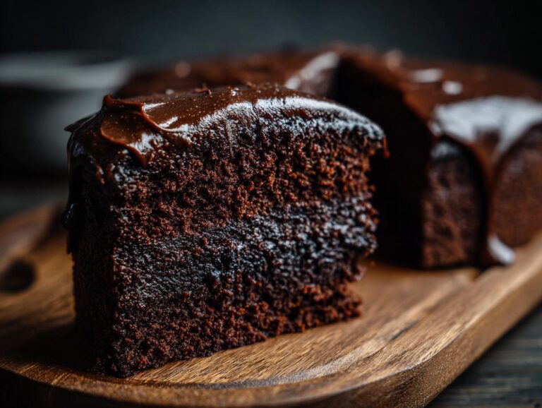 A slice of moist, rich easy chocolate cake covered in glossy chocolate frosting, on a wooden board.