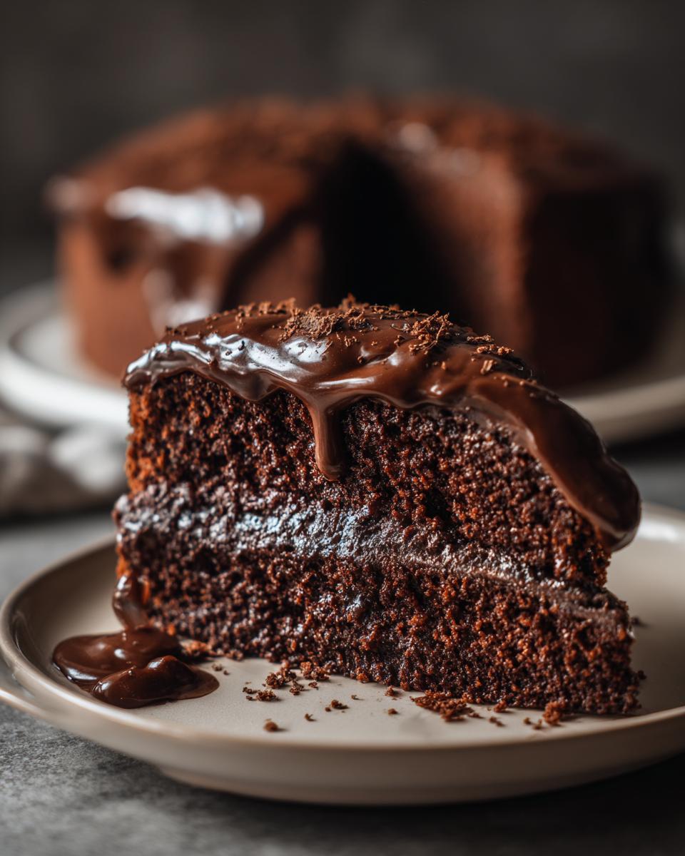 A decadent slice of easy chocolate cake, layered with rich ganache and topped with chocolate shavings.
