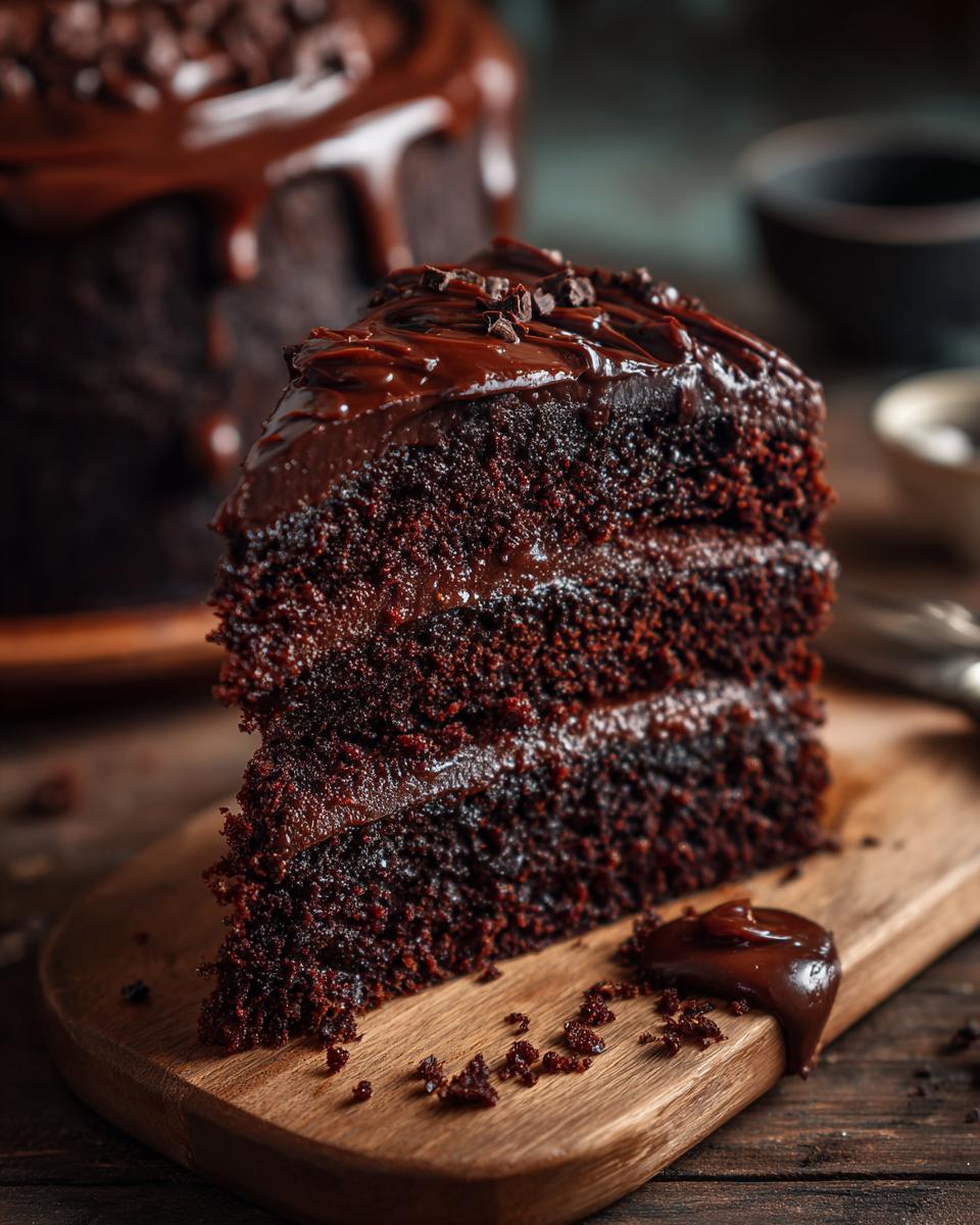 A decadent slice of easy chocolate cake, layered with rich ganache and topped with chocolate chips.