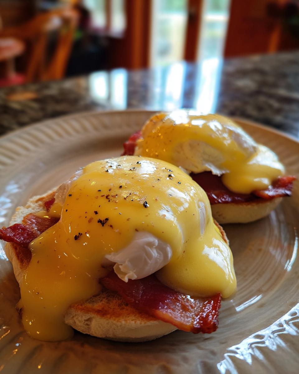 Two servings of eggs benedict on toasted English muffins with bacon, covered in rich hollandaise sauce and black pepper.