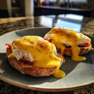 Two servings of classic eggs benedict featuring poached eggs, ham, and dripping hollandaise sauce on toasted English muffins.