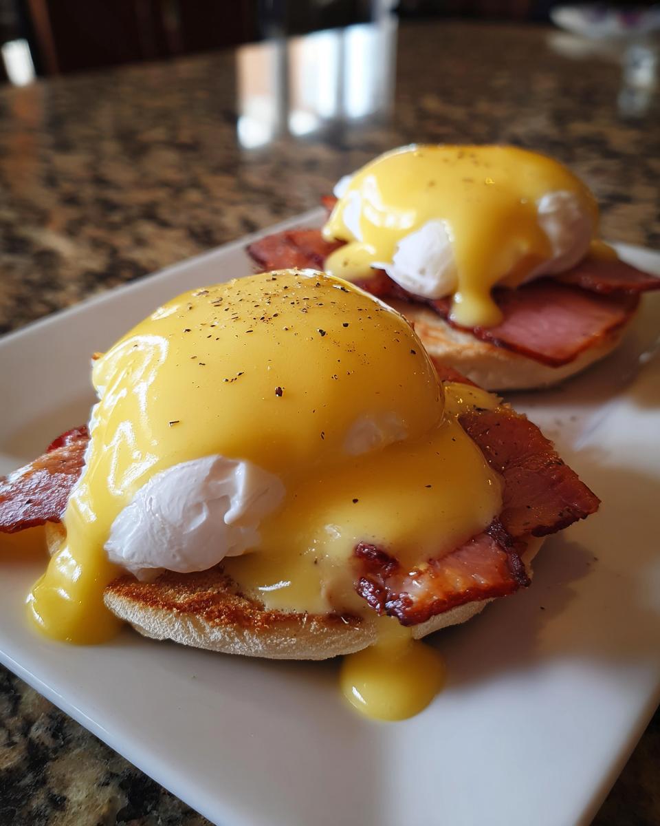 Two servings of classic eggs benedict featuring poached eggs, bacon, and rich hollandaise sauce on toasted English muffins.