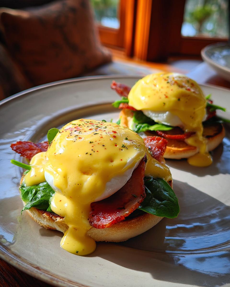 Two servings of eggs benedict with rich hollandaise sauce dripping over poached eggs, bacon, and spinach on an English muffin.