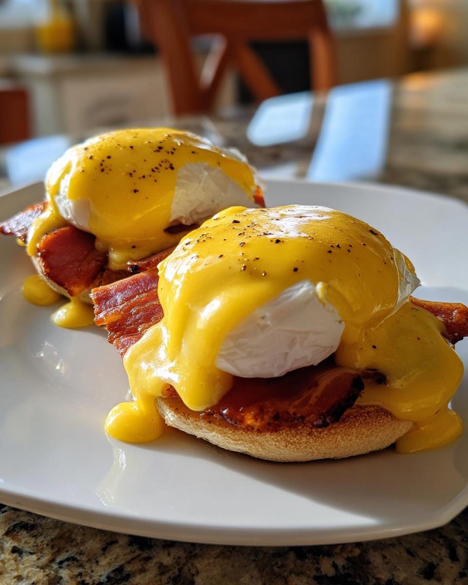 Two servings of classic eggs benedict on a white plate, topped with rich hollandaise sauce and cracked black pepper.