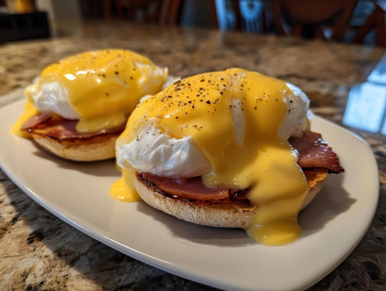 Two servings of classic eggs benedict featuring poached eggs, ham, and thick hollandaise sauce on an English muffin.