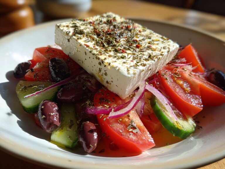 Close-up of a vibrant greek salad featuring a large block of feta cheese topped with herbs, tomatoes, cucumbers, olives, and red onion.