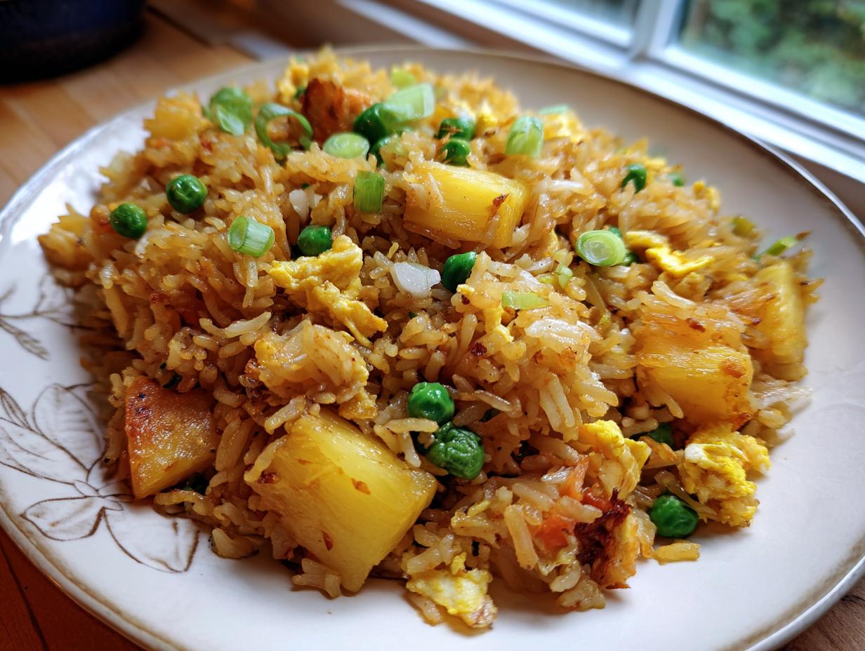 A close-up of a serving of golden brown pineapple fried rice mixed with chunks of pineapple, green peas, and scrambled egg.