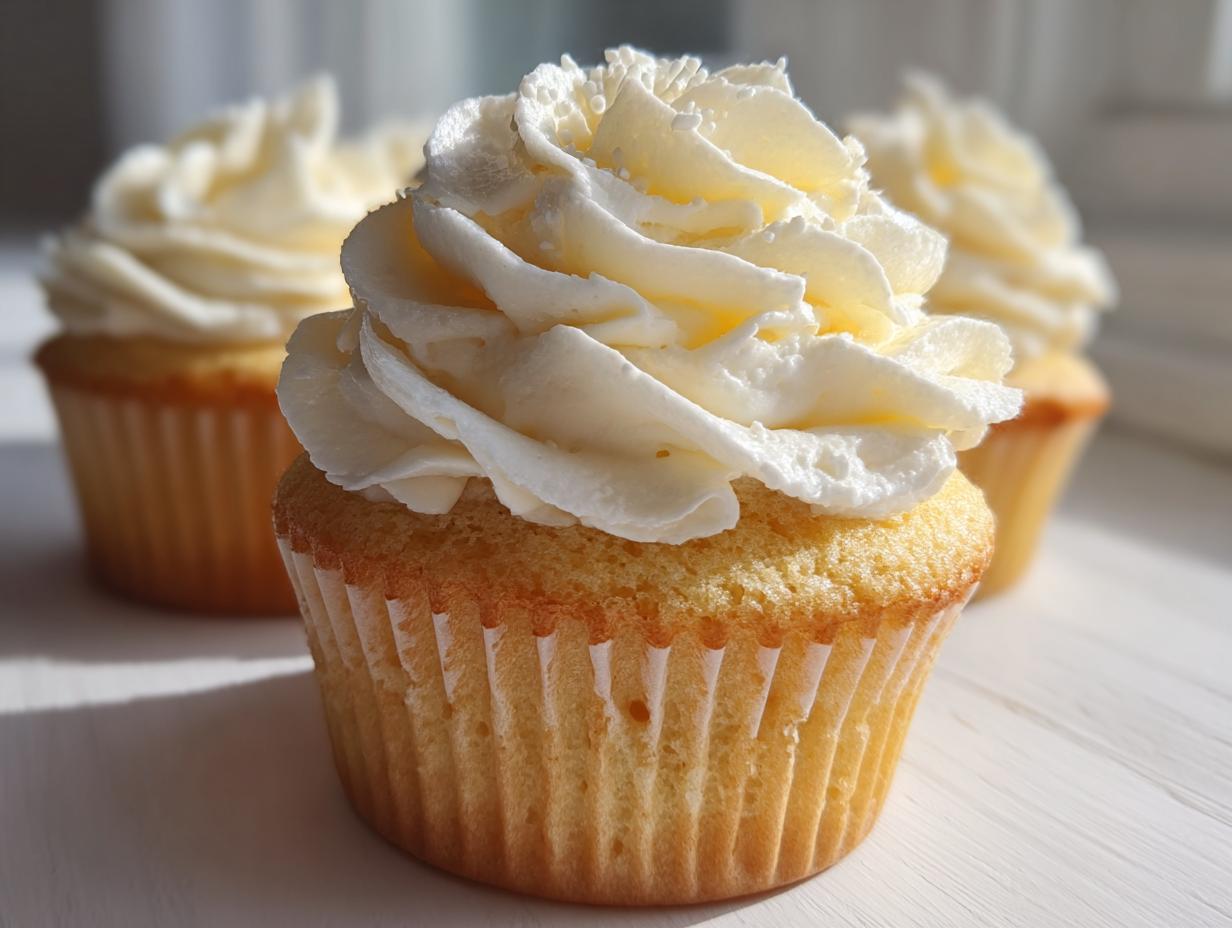 Close-up of a perfectly baked vanilla cupcake topped with swirls of creamy white frosting.