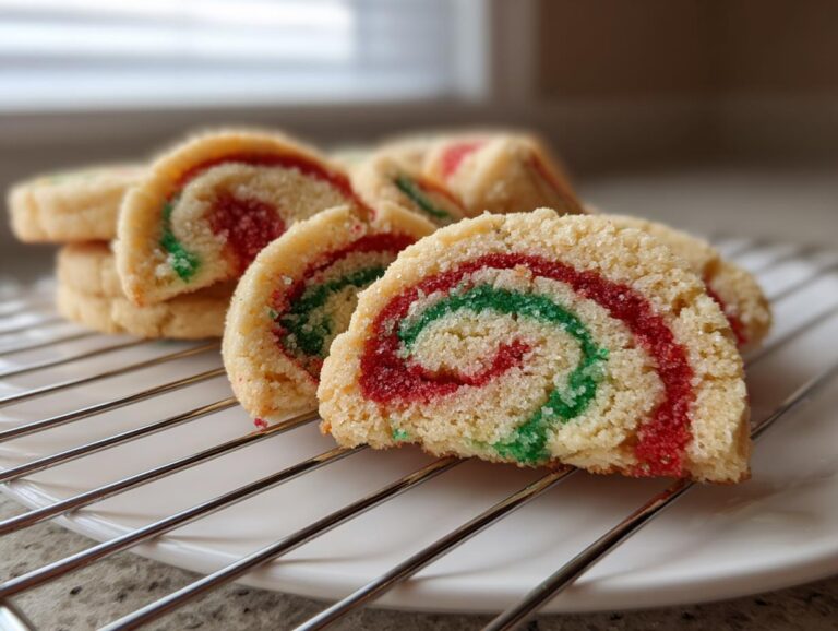 Close-up of sliced pinwheel cookies showing vibrant red and green swirls on a cooling rack.