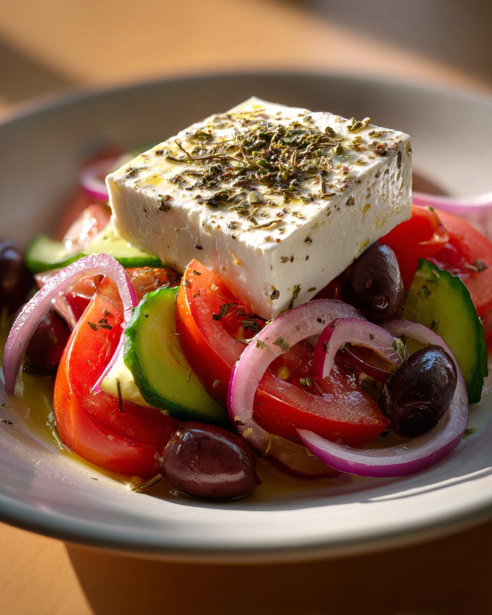 Close-up of a vibrant greek salad topped with a large block of feta cheese seasoned with herbs.