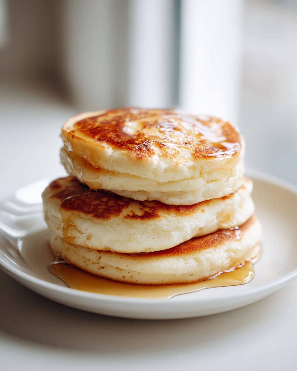 A tall stack of three fluffy ricotta pancakes drizzled generously with golden syrup.