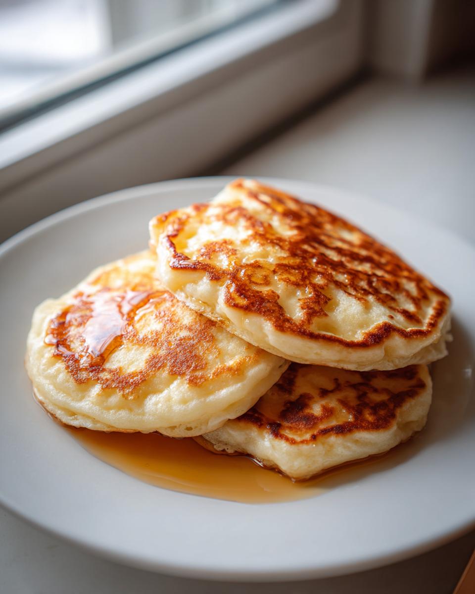 Three fluffy ricotta pancakes stacked on a white plate, drizzled with maple syrup.
