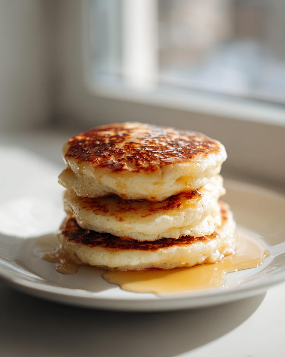 A stack of three fluffy ricotta pancakes drizzled with syrup on a white plate near a window.