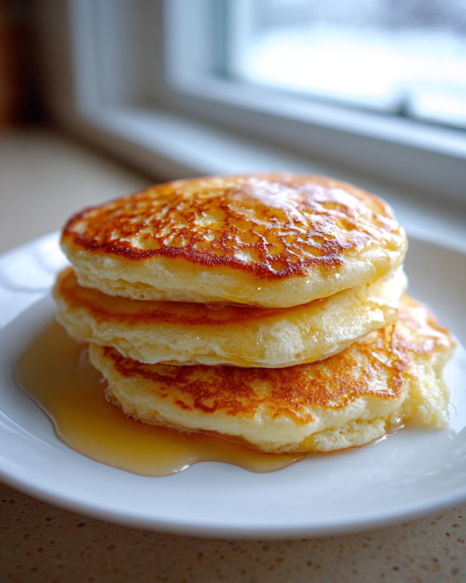 A stack of three fluffy ricotta pancakes drizzled with syrup, sitting on a white plate near a window.