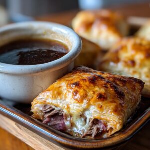 A close-up of a golden-brown French dip square, filled with tender beef and melted cheese, next to a small bowl of au jus.