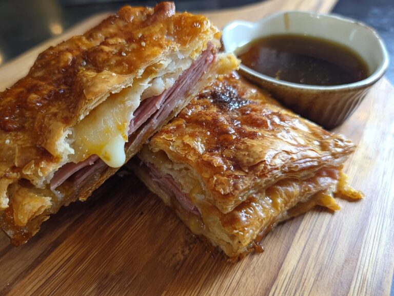 Close-up of golden-brown French Dip Squares cut in half, showing layers of ham and melted cheese, served with a side of au jus.