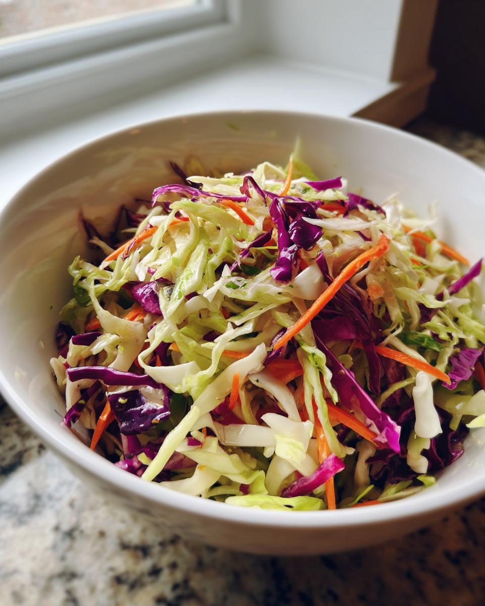 A vibrant bowl of fresh cabbage salad made with shredded green and purple cabbage and carrots.