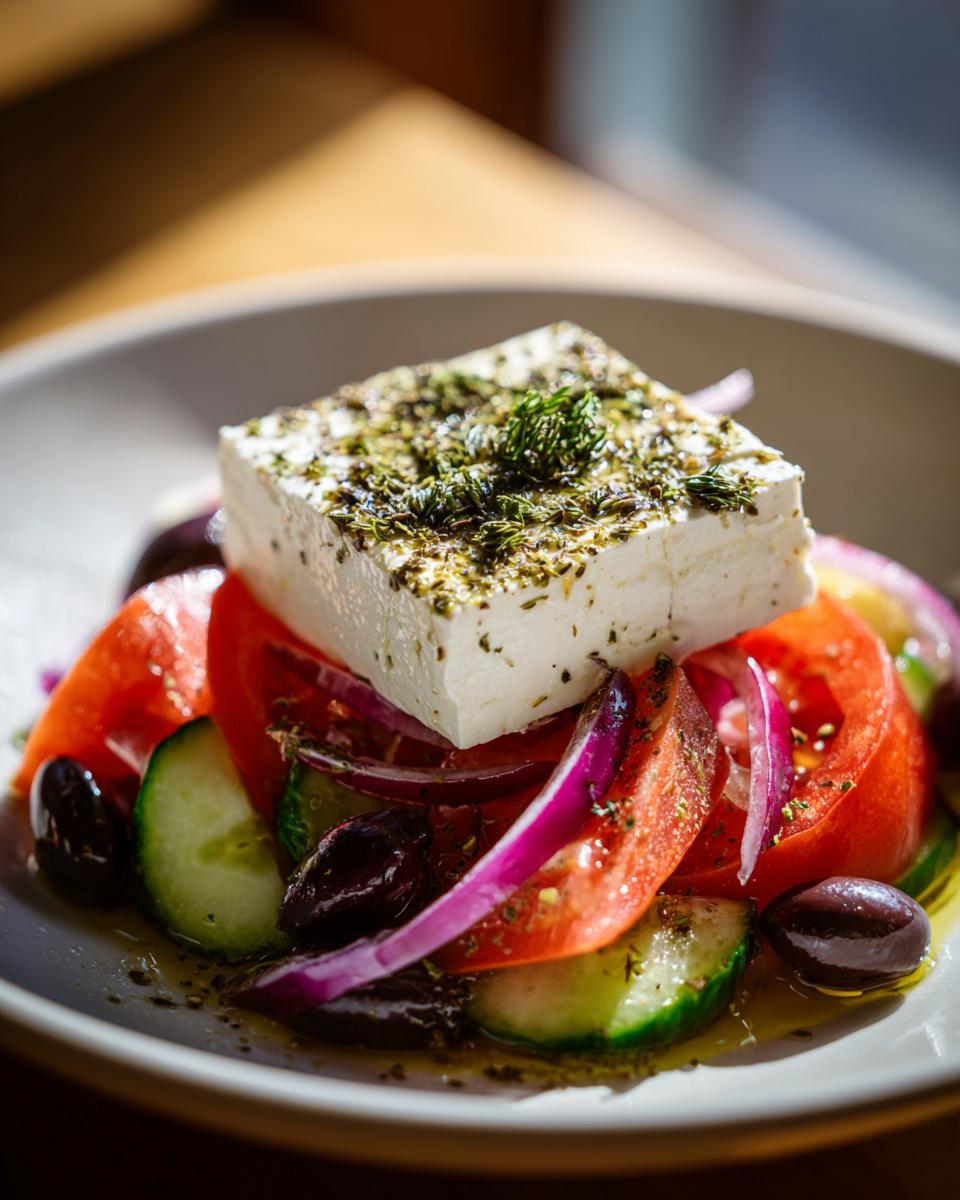 Close-up of a traditional greek salad featuring a large block of feta cheese seasoned with herbs over tomatoes, cucumbers, and olives.