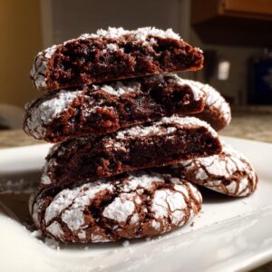 A stack of four rich, fudgy chocolate crinkle cookies dusted heavily with powdered sugar, showing the cracked texture.
