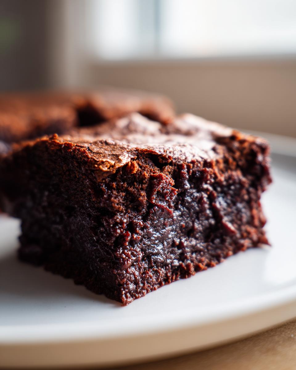 A close-up, macro shot showing the fudgy, rich texture of a single sweet potato brownies square on a white plate.