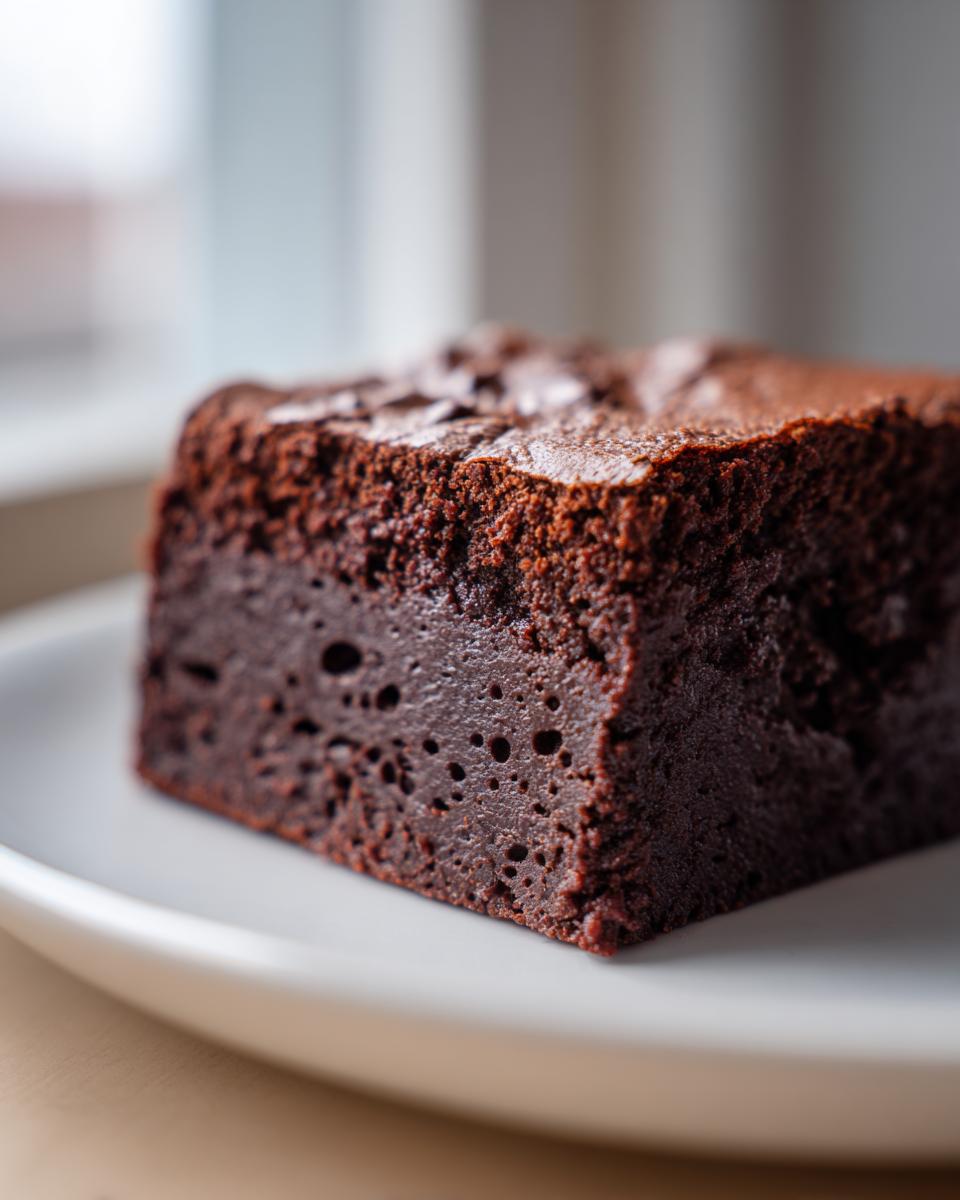Close-up of a thick, fudgy slice of sweet potato brownies showing a dense, moist interior texture.