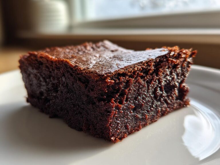 Close-up of a rich, dark, fudgy slice of sweet potato brownies on a white plate.