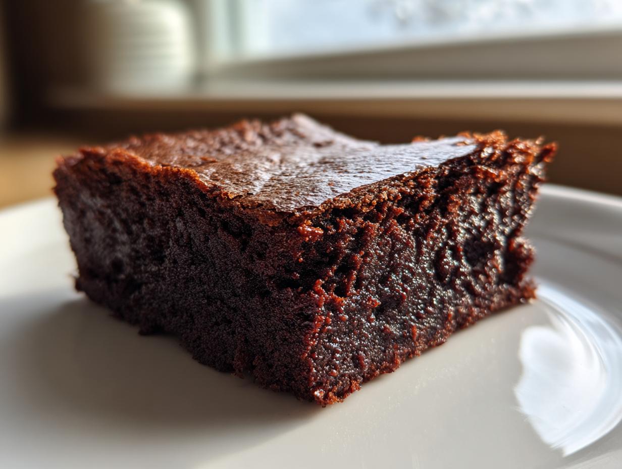 Close-up of a rich, dark, fudgy slice of sweet potato brownies on a white plate.