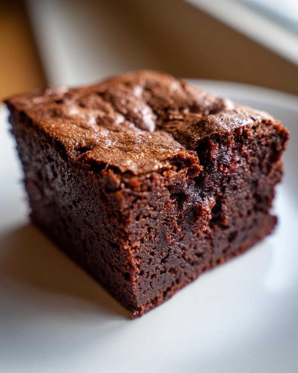 A single, rich, dark brown square of fudgy sweet potato brownies resting on a white plate.