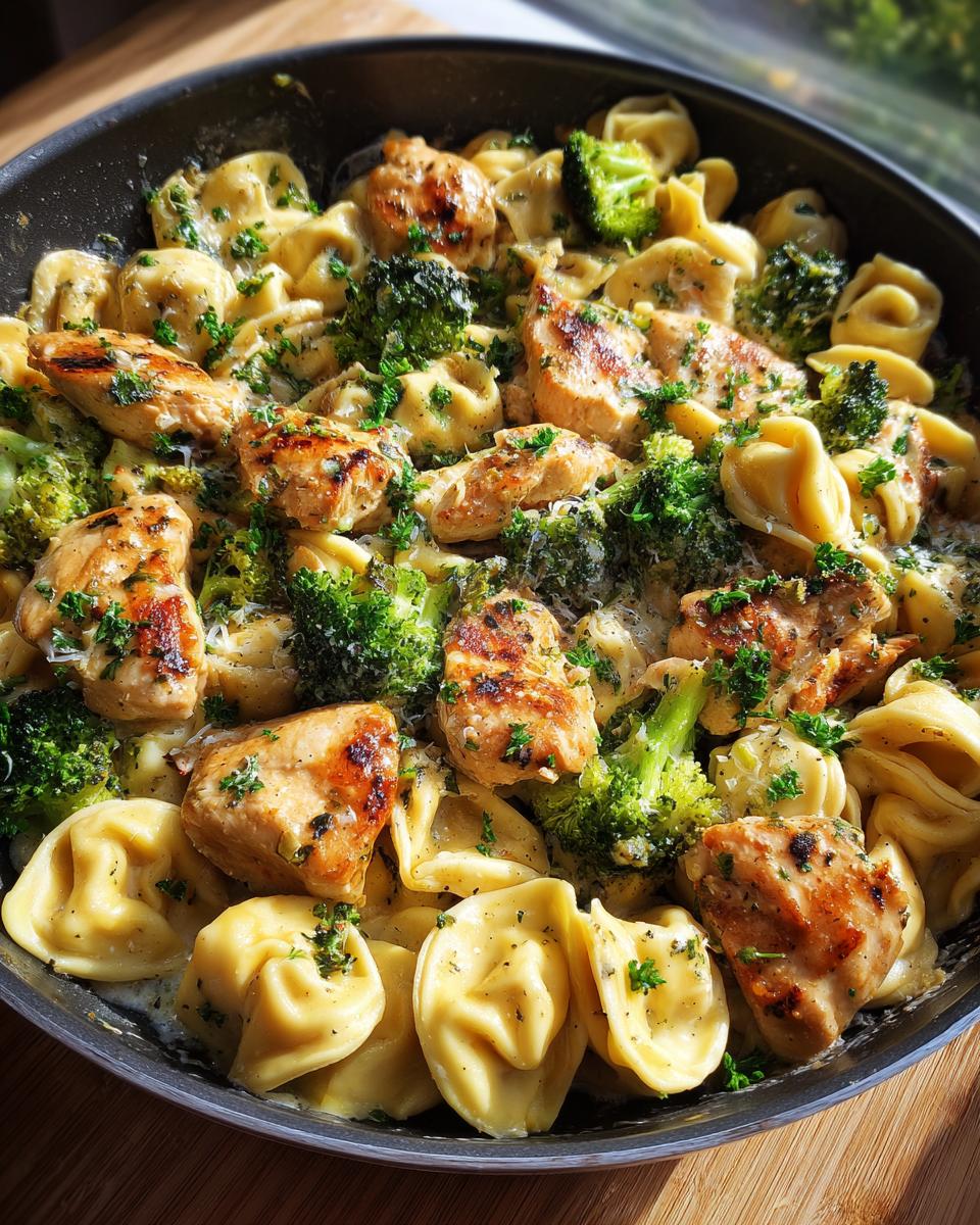 A close-up shot of Garlic Parmesan chicken broccoli tortellini in a pan, garnished with parsley.