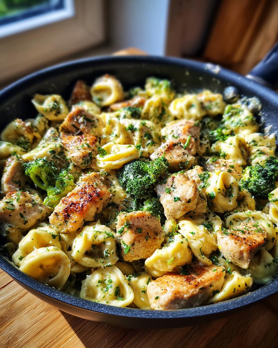 A close-up of Garlic Parmesan Chicken Broccoli Tortellini in a pan, garnished with parsley.