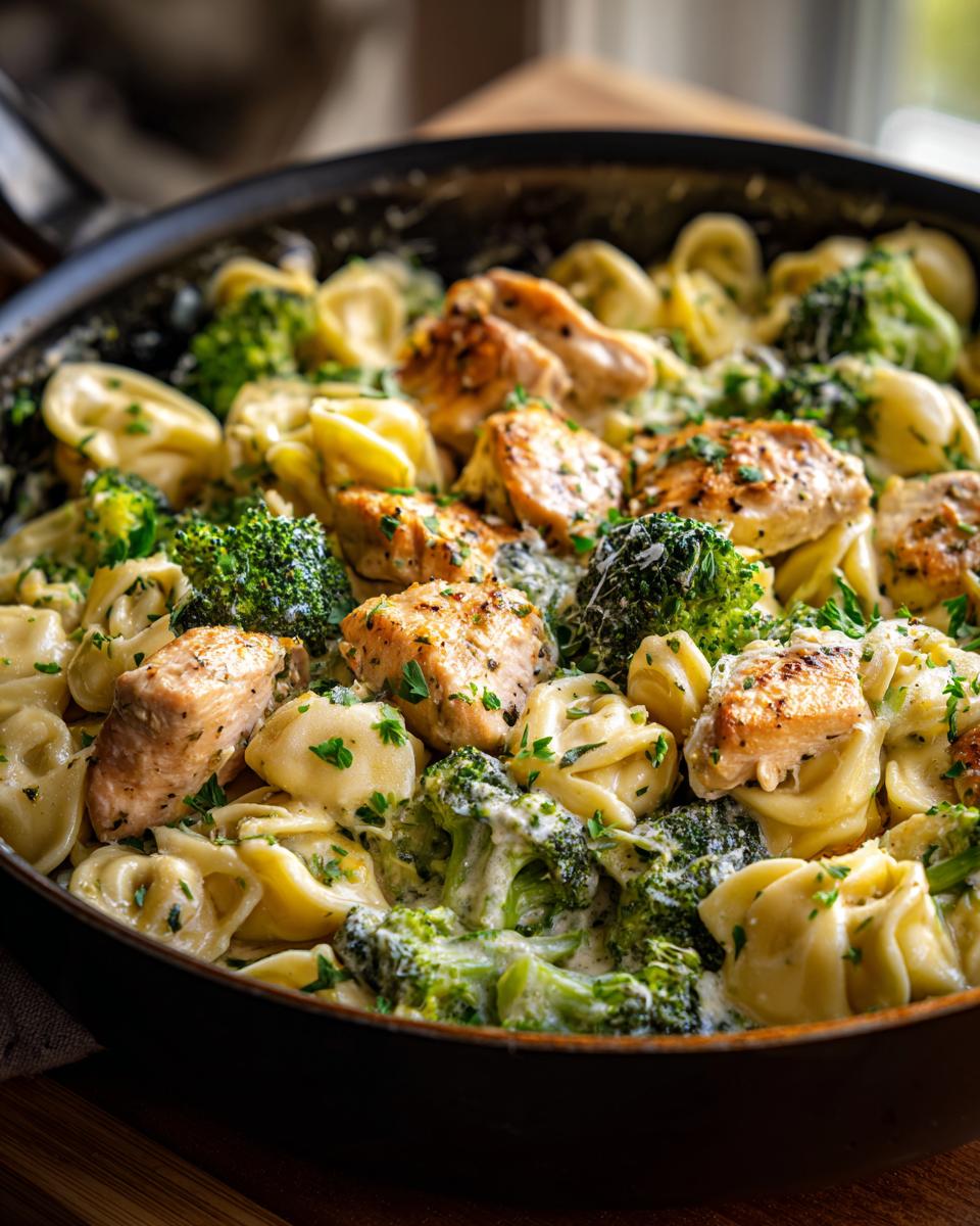A close-up of Garlic Parmesan chicken broccoli tortellini in a skillet, garnished with parsley.