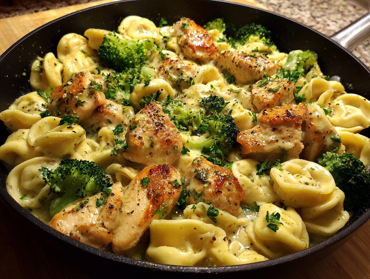 Close-up of Garlic Parmesan Chicken Broccoli Tortellini in a black skillet, garnished with parsley.